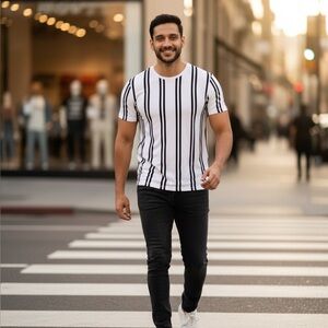 Topman Men's Vertical Stripe T-Shirt, White and Black, Size US L